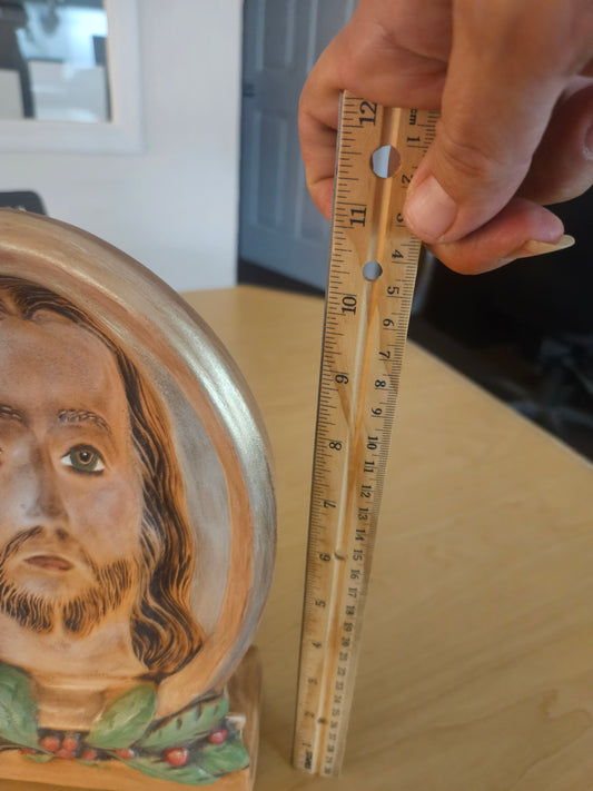 1950s Wonderart Jesus – Eyes Follow You – 1950s Ceramic Relief Plaque with Holly Base
