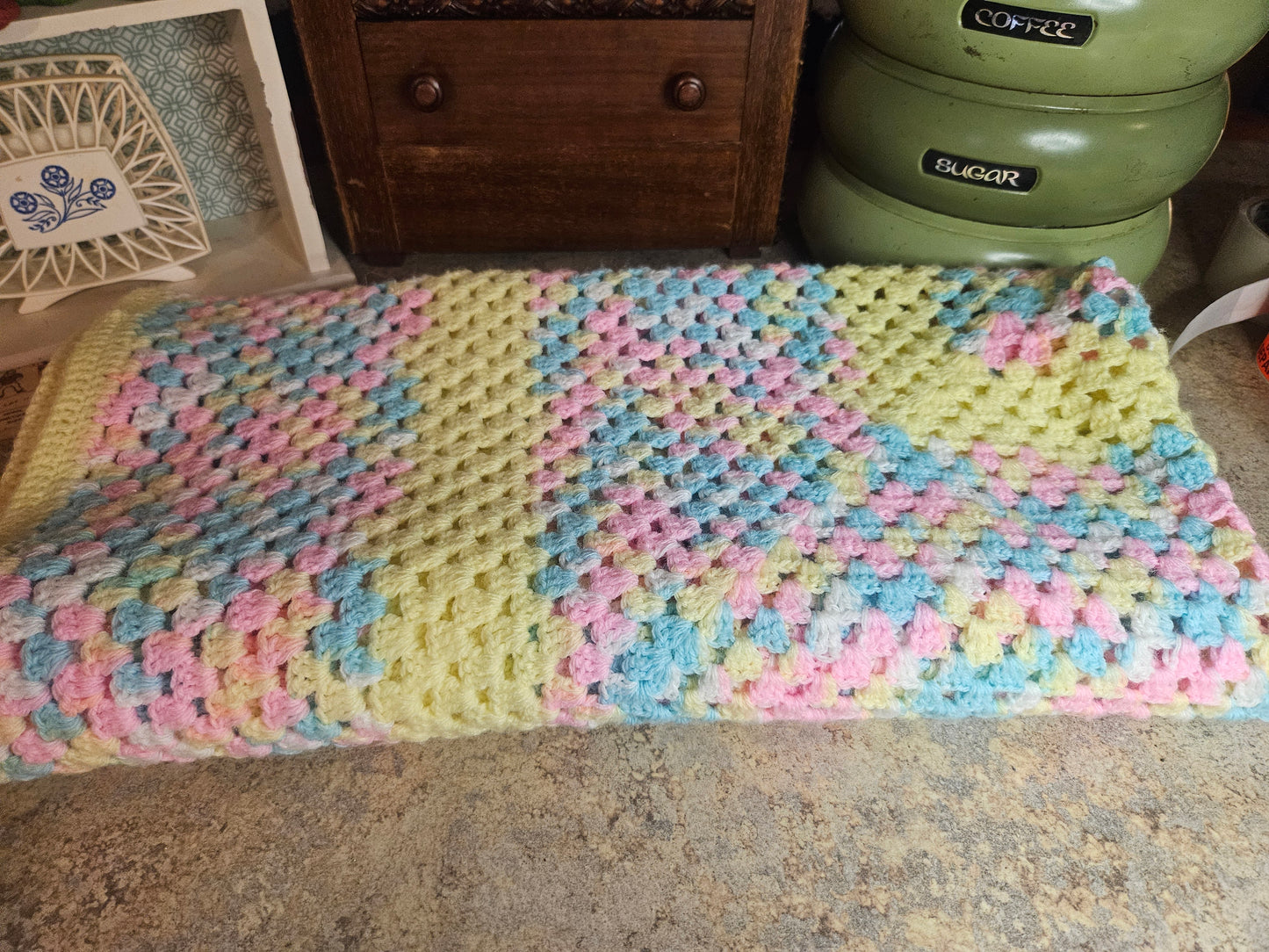 Vintage Handmade Pastel Baby Afghan – 42" x 22" – Pink, Blue & Yellow