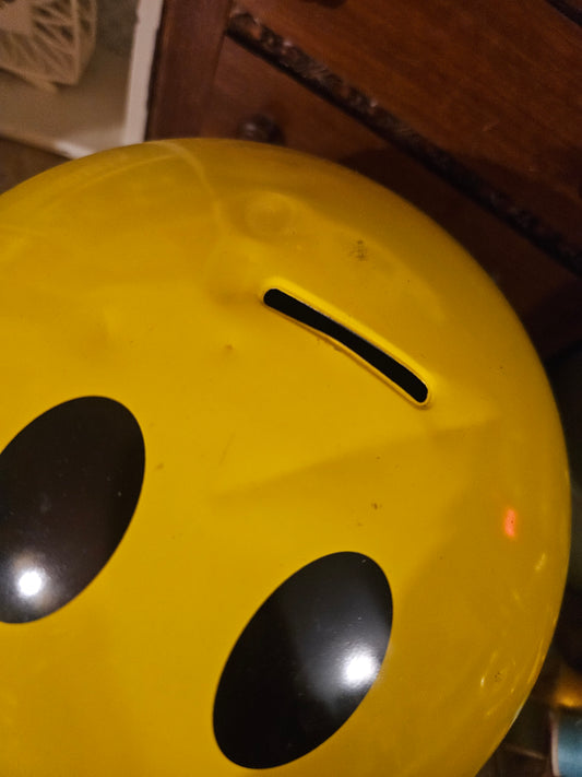 Vintage 1990s Smiley Face Coin Bank — Yellow Plastic Sphere with Novelty Interior