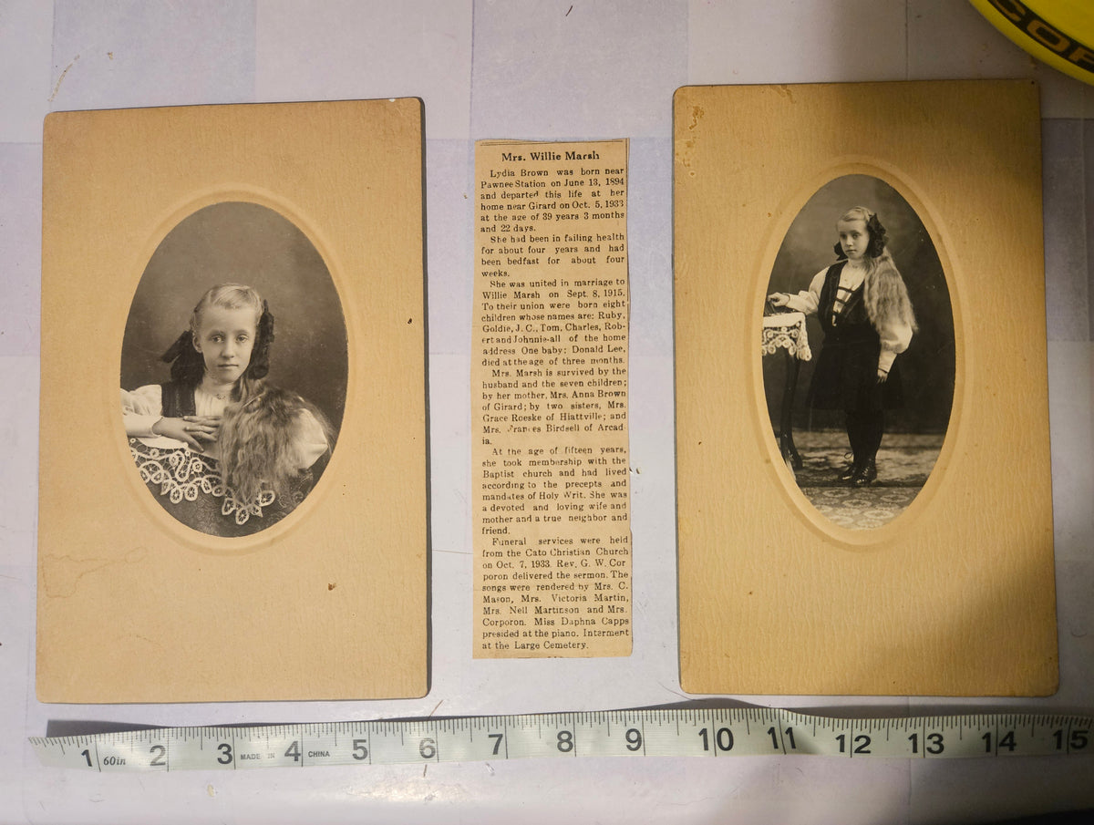 Two antique cabinet card portrait photographs with newspaper obituary clipping for Mrs. Willie Marsh, c.1890s