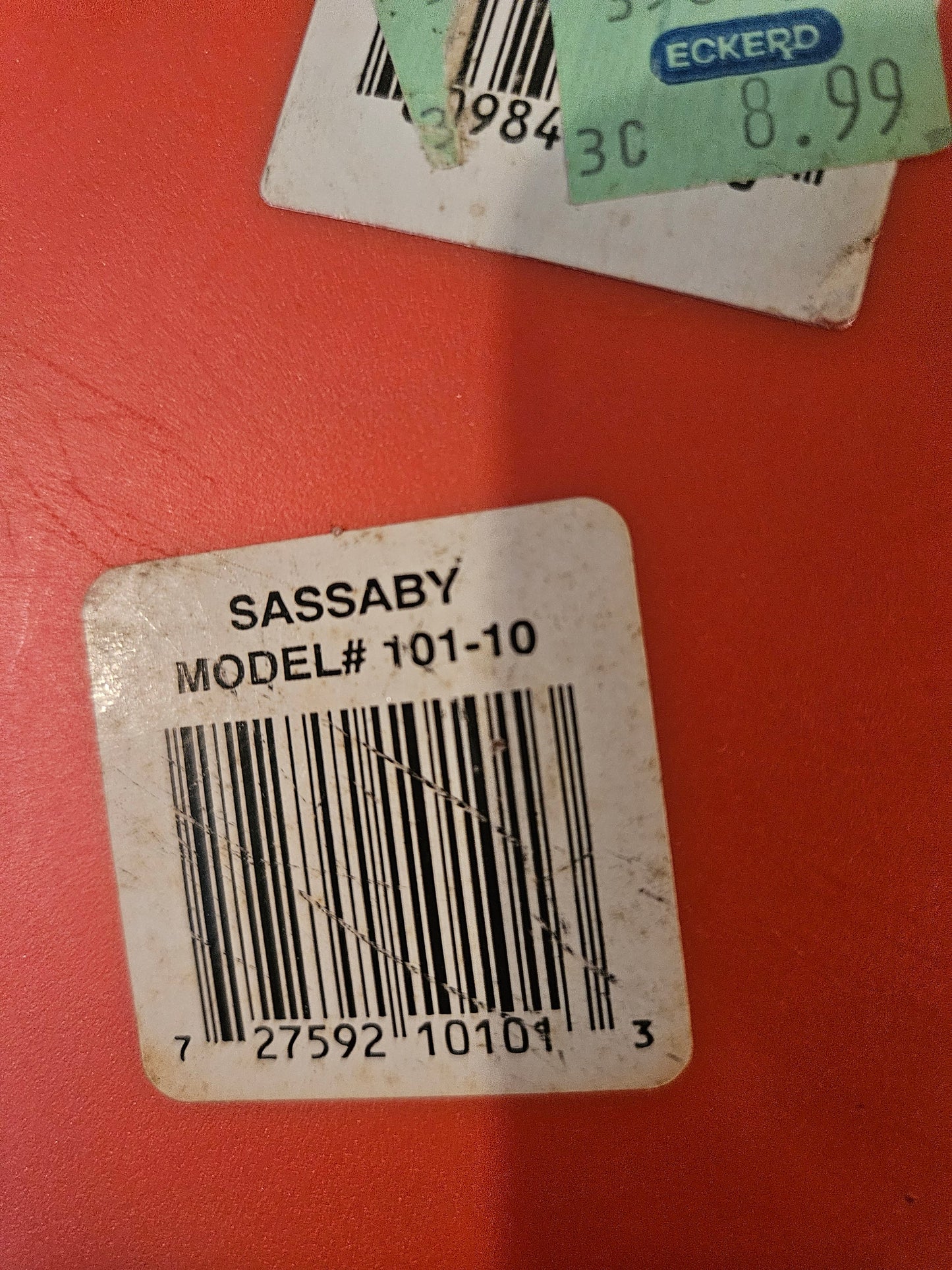 Bottom of Sassaby case showing Model 101-10 label and original Eckerd price tag