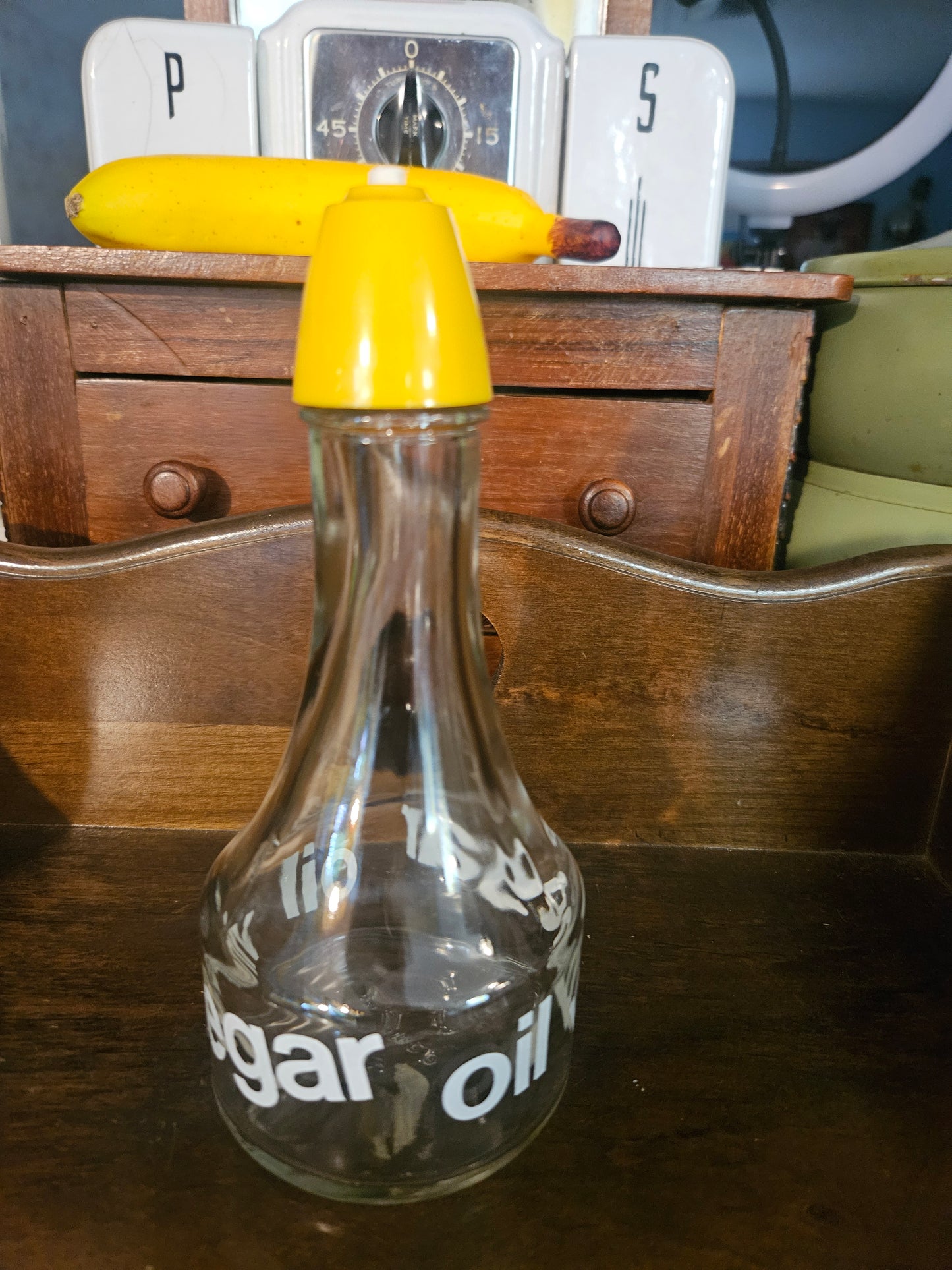 Vintage Glass Oil & Vinegar Cruet Bottle with Yellow Pour Spout