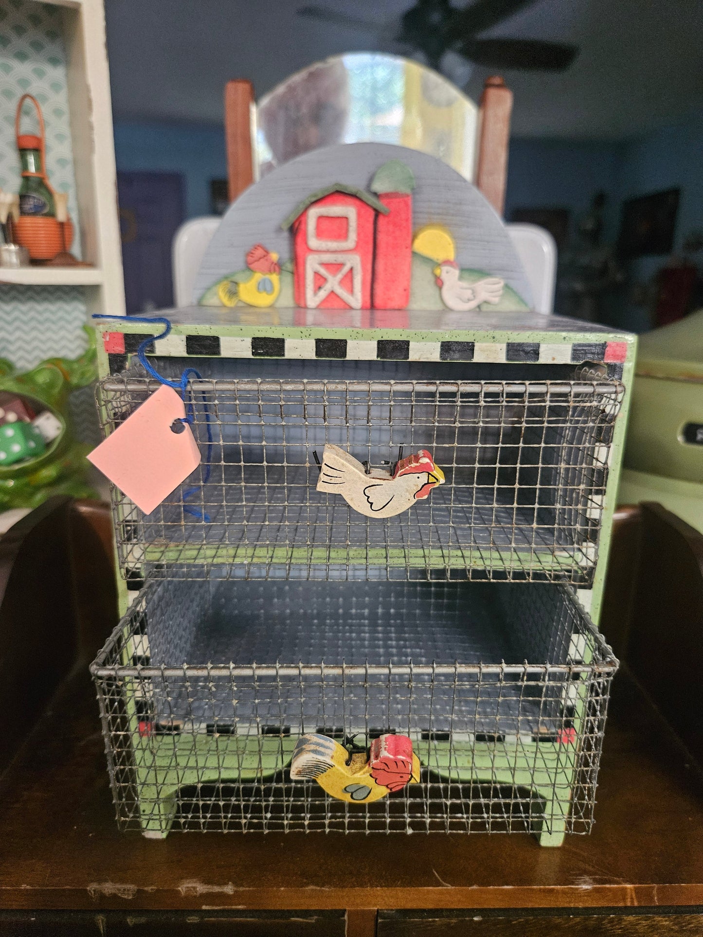 Vintage farmhouse wire mesh two-drawer desktop organizer with painted barn and chicken topper, front view