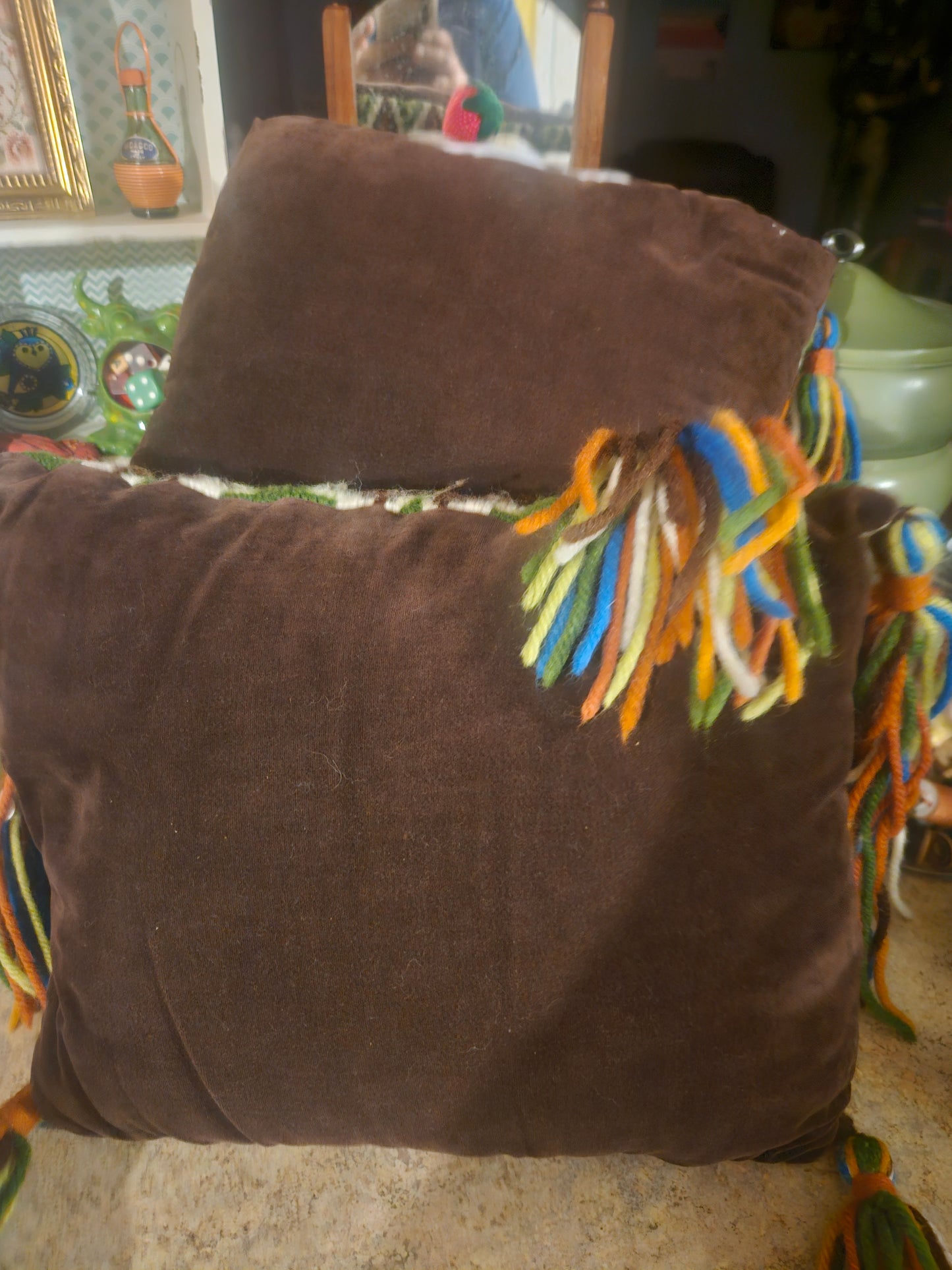 Vintage Chevron Needlepoint Throw Pillow with Fringe Tassels – Boho 70s Style