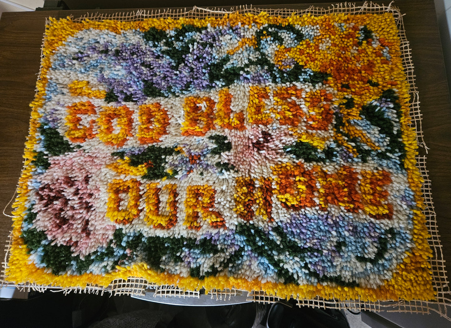 Vintage Latch Hook "God Bless Our Home" Floral Wall Hanging