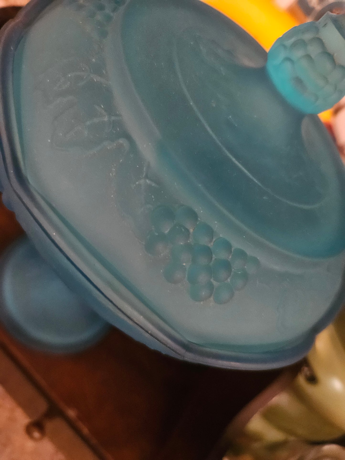 Indiana Glass Frosted Blue Satin Glass Covered Compote – Grape Motif Pedestal