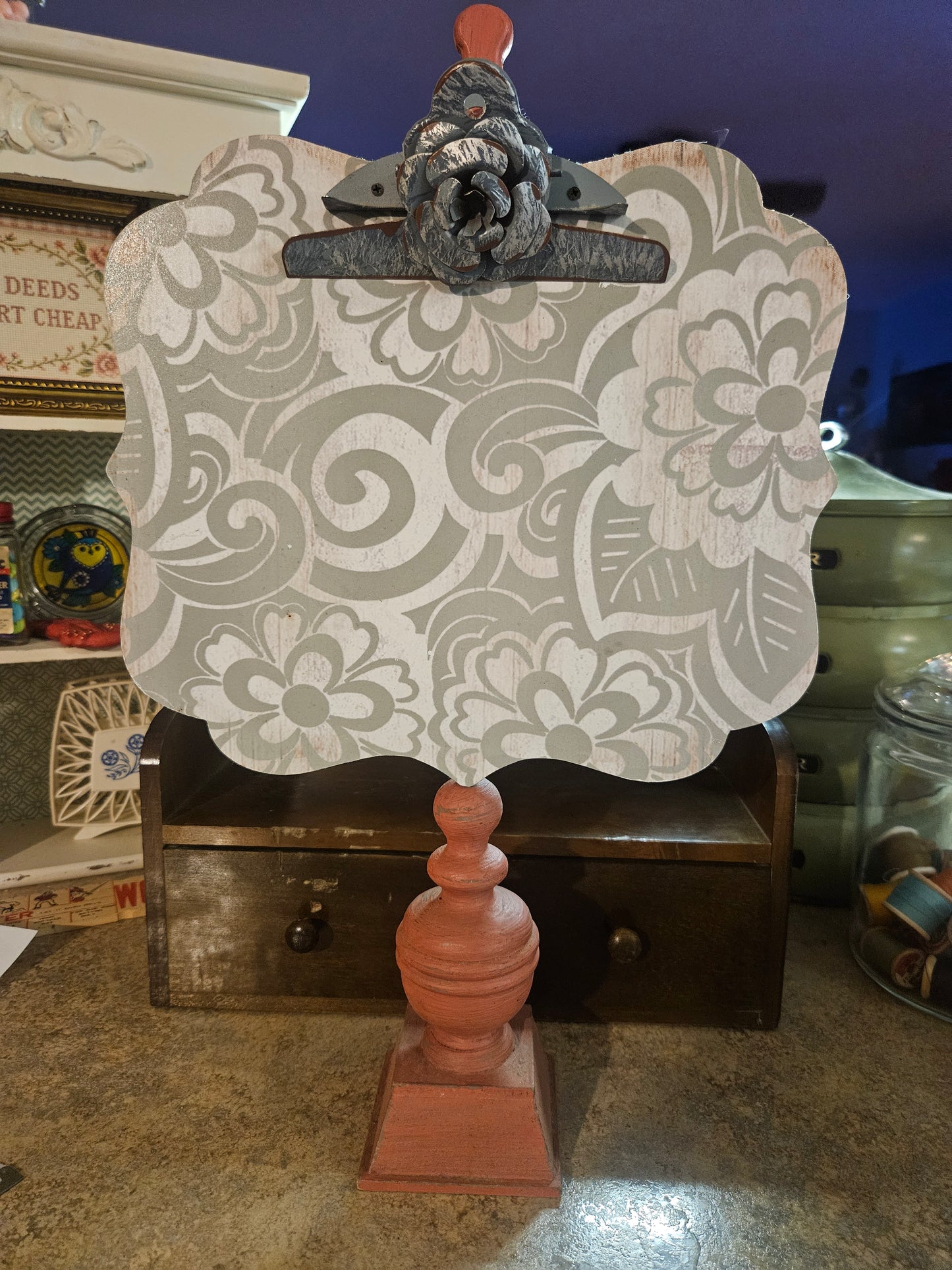 Decorative Recipe & Memo Stand — Stenciled Floral Plaque, Coral Pedestal, Metal Rose Clip, 18.5x11x3.5"