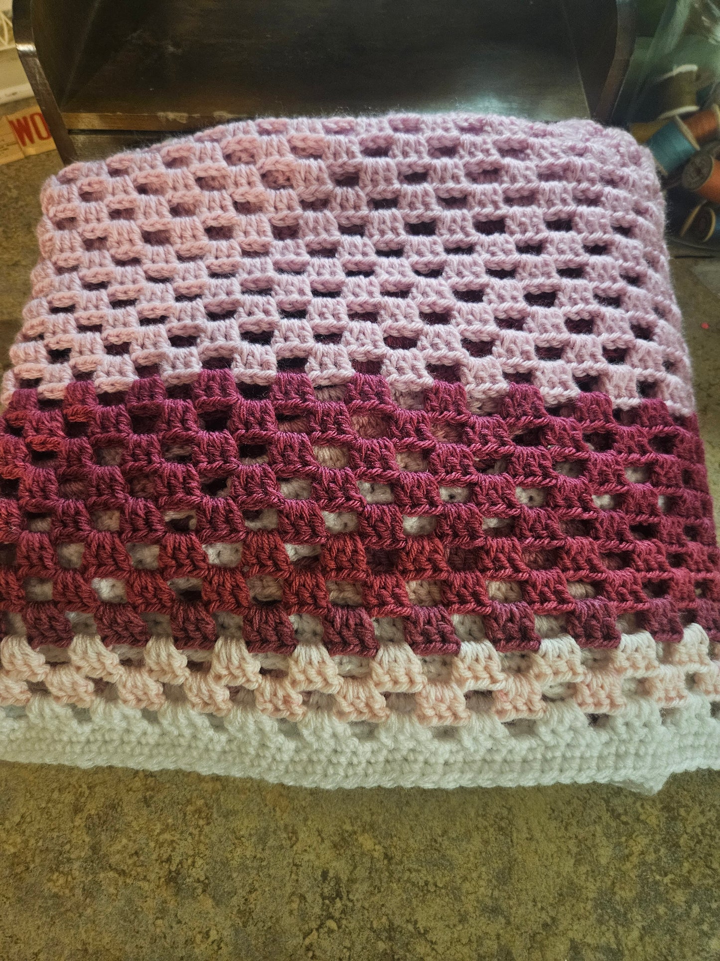 Handmade Ombre Pink to Berry Open-Weave Crochet Throw Blanket — 72x72", Scalloped Border