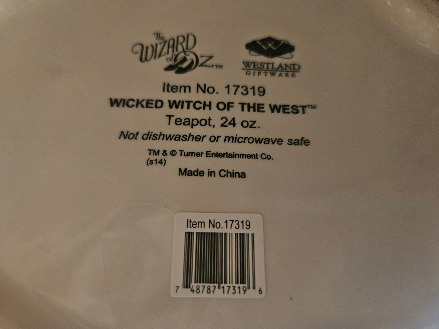 Bottom of Wicked Witch teapot showing Item No 17319 Westland Giftware Wizard of Oz marks and UPC barcode