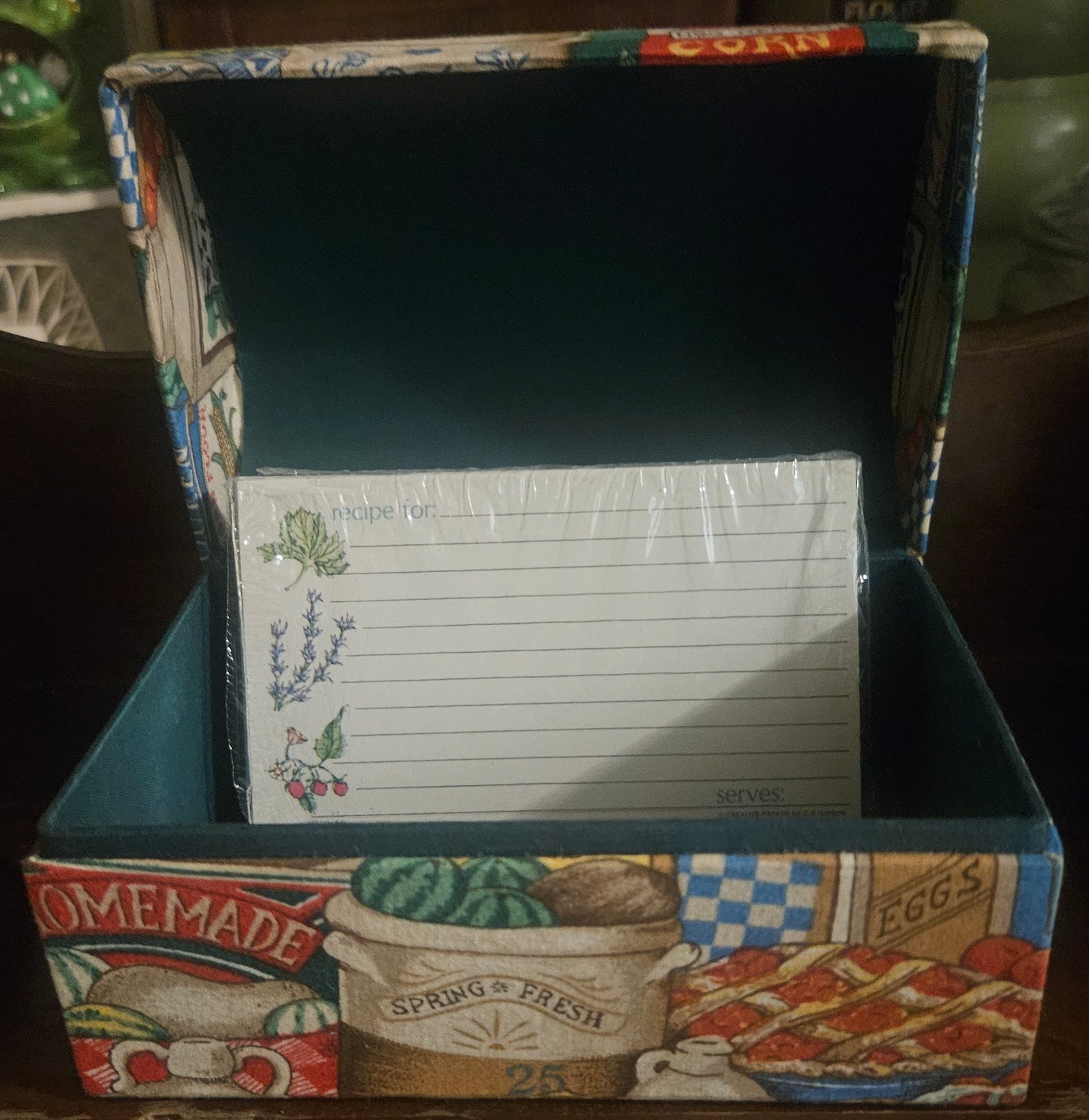 Vintage Fabric-Covered Recipe Box with Cards — "Homemade" Country Farm Motif