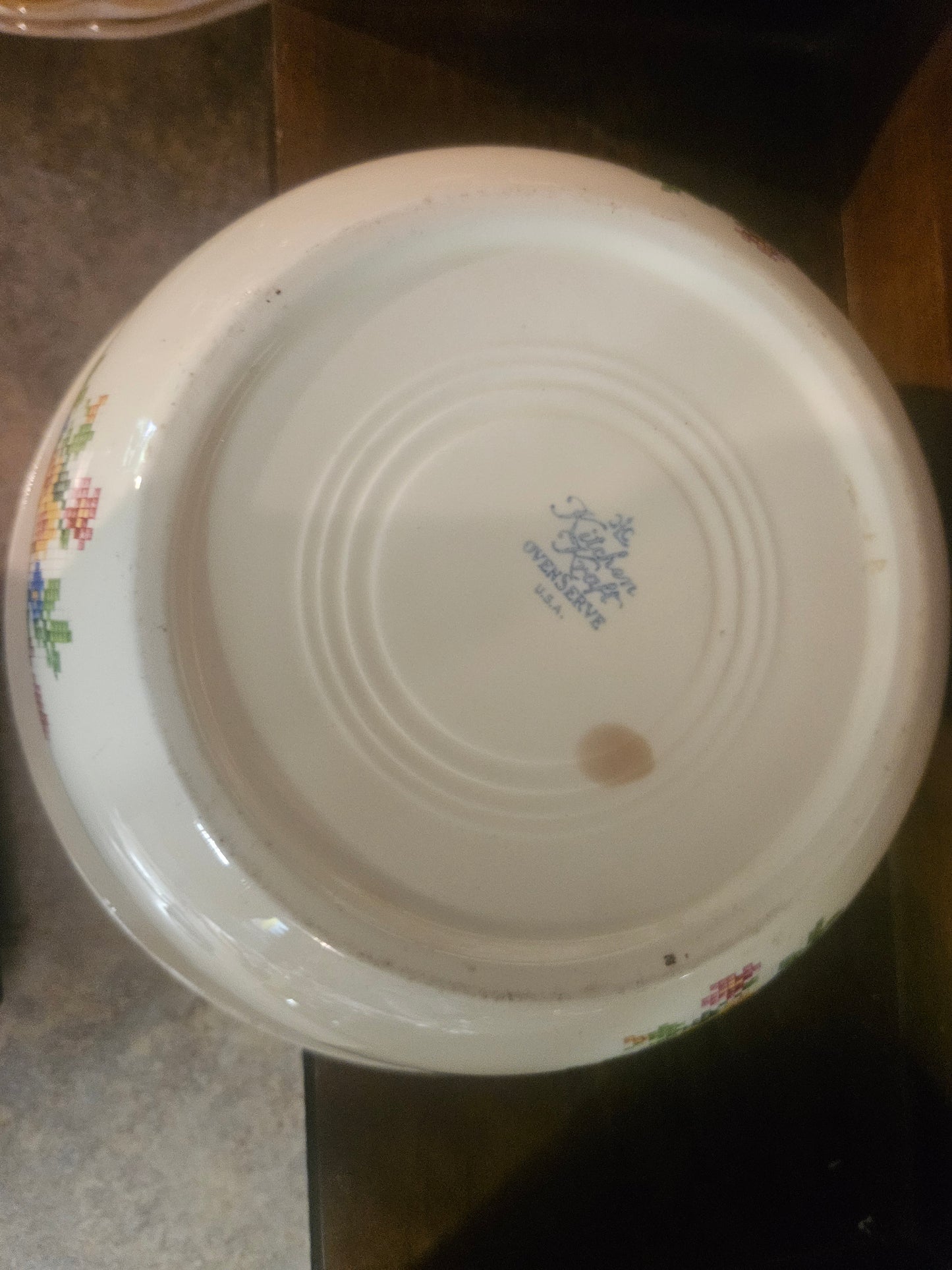 Vintage Cross-Stitch Floral Tab Handle Mixing Bowl — Cream, 8.5", 1930s–40s American Pottery