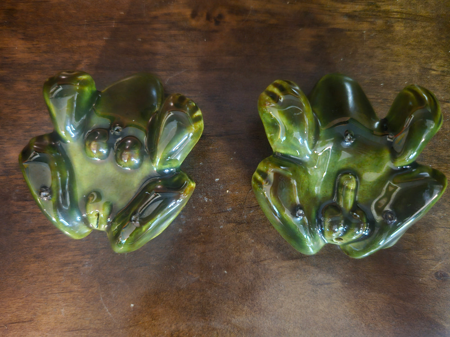 Ceramic Frog Novelty Knick-Knacks — Matched Pair, Glossy Green Glaze, 1970s–80s Adult Humor