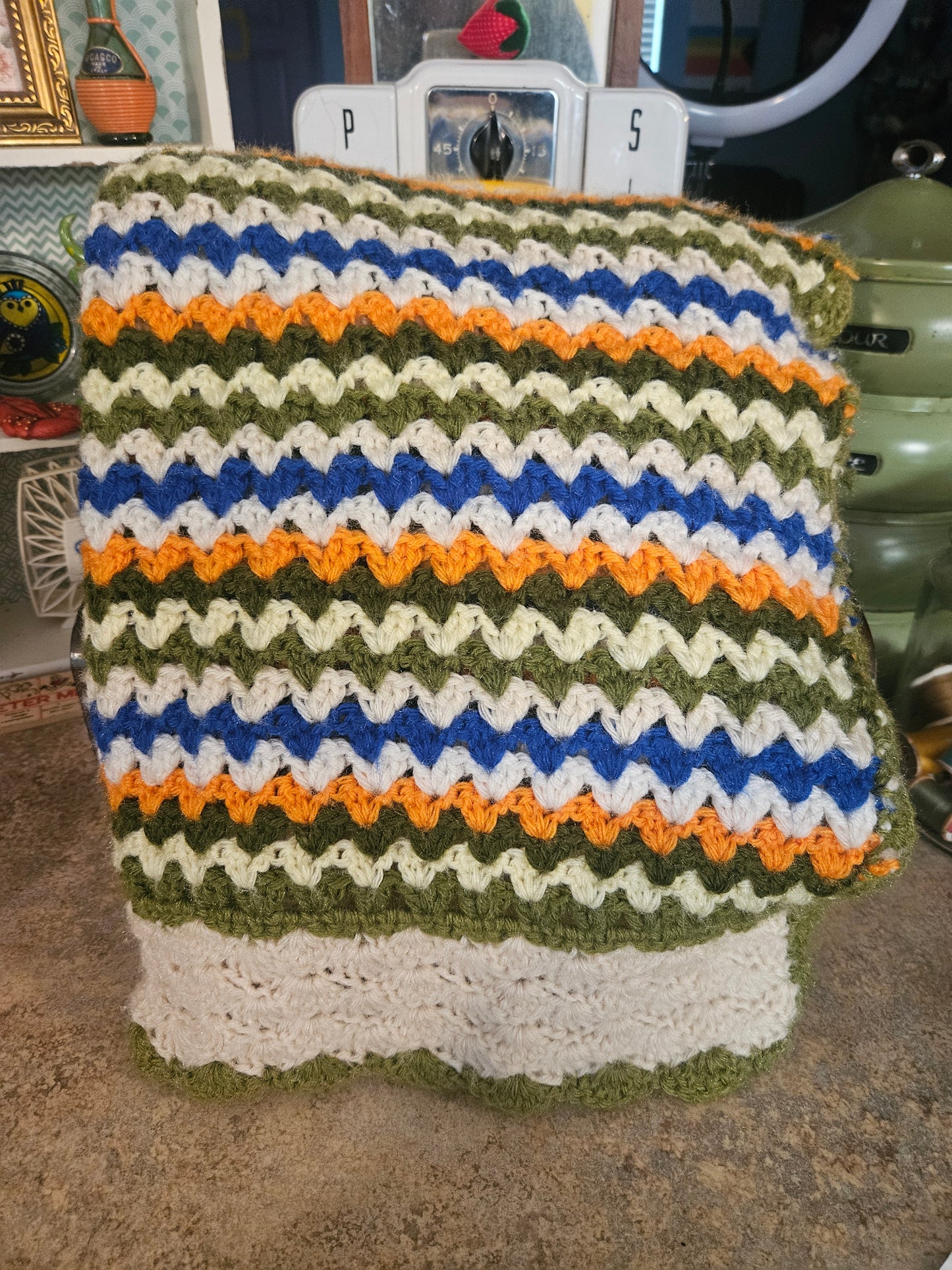 Vintage Handmade Crochet Chevron Ripple Afghan — 50x56" Olive, Blue, Orange & Cream