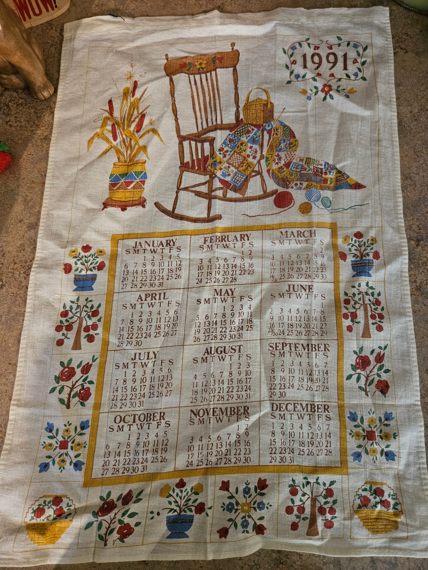 1991 Rocking Chair Quilt Folk Art Calendar Linen Tea Towel