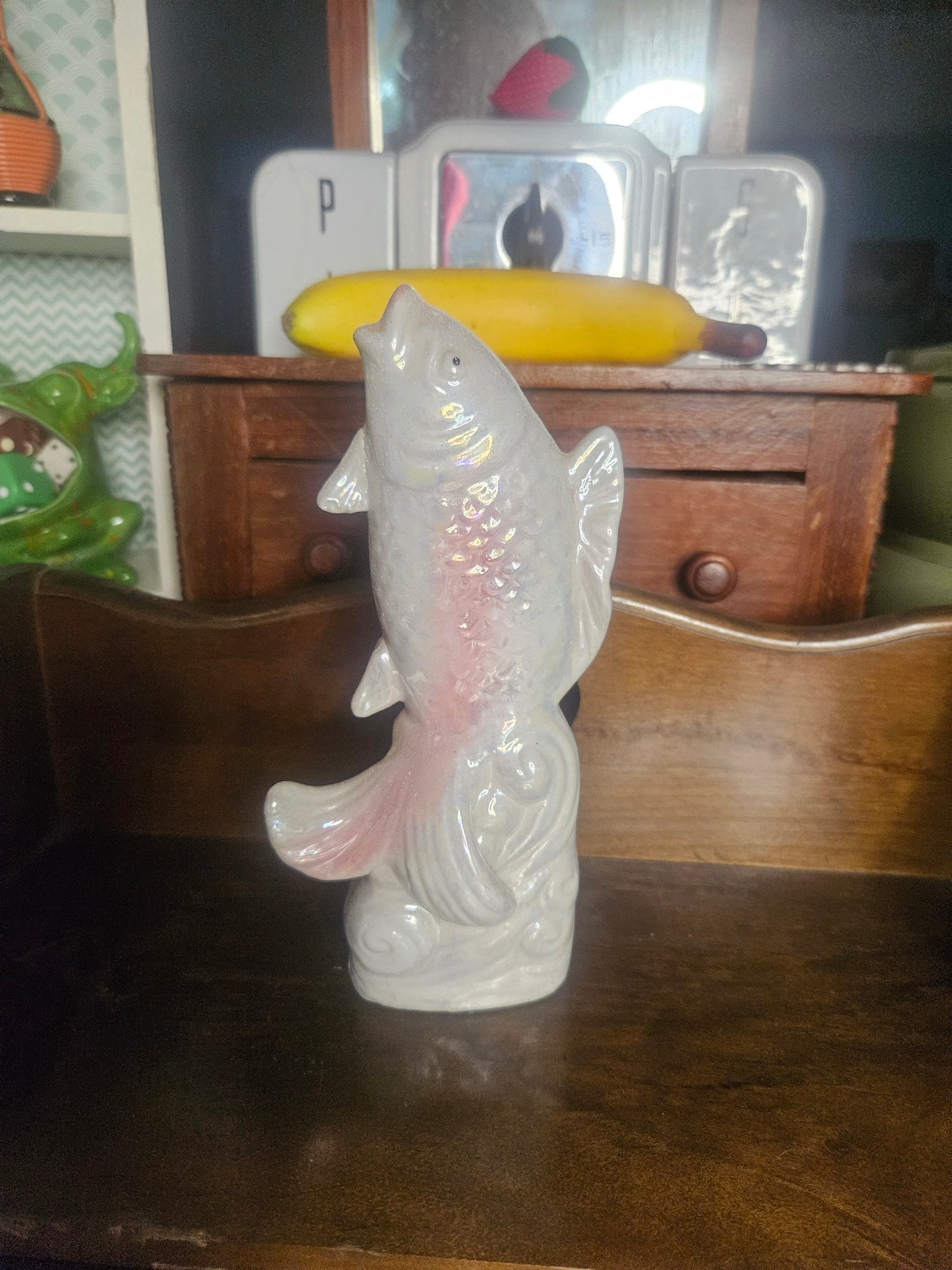 Vintage Iridescent Ceramic Koi Fish Figurine — Opalescent Glaze, 8" x 4", No Chips or Cracks