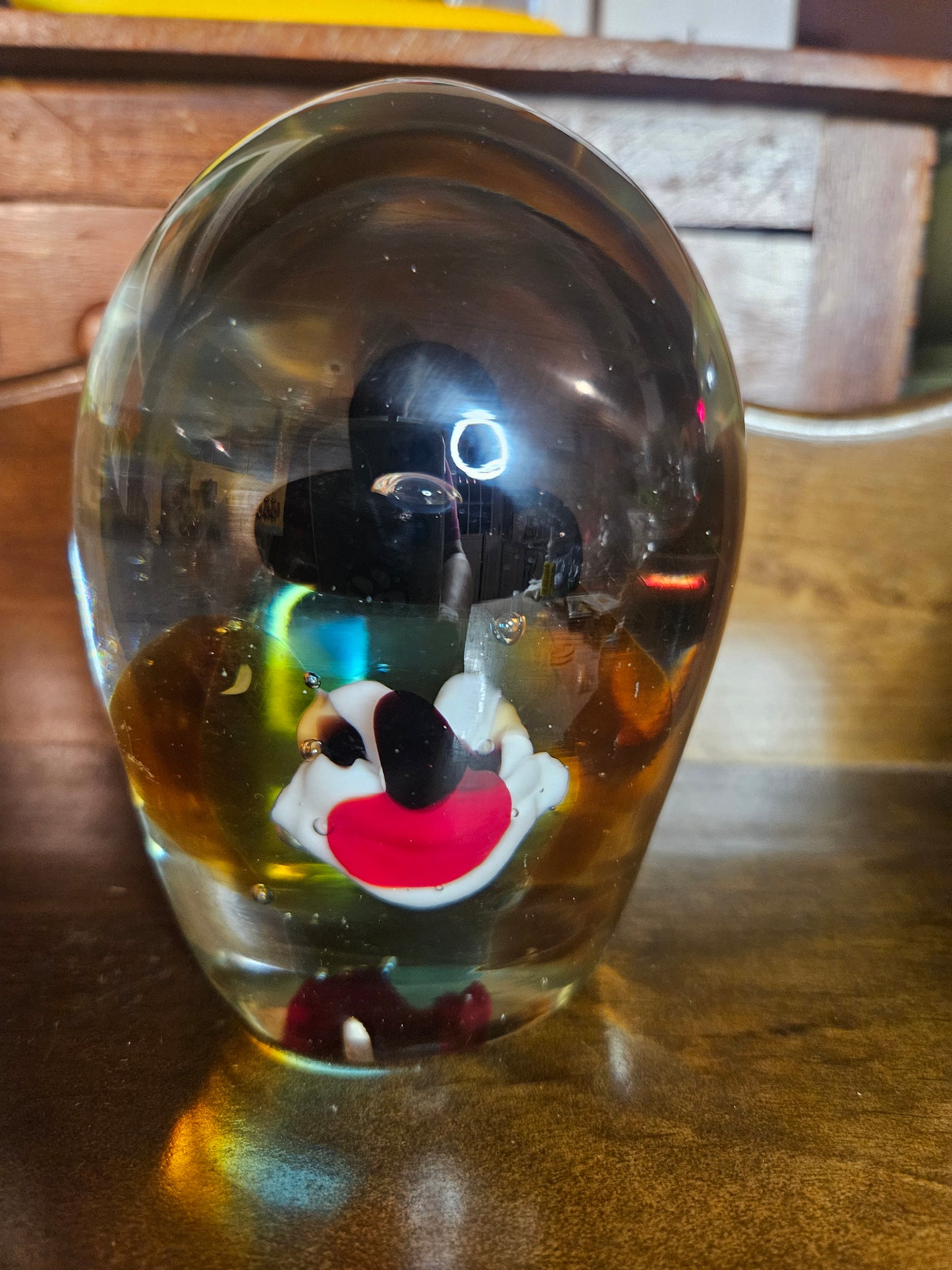 Art Glass Clown Face Paperweight – Egg-Shaped Dome Figurine