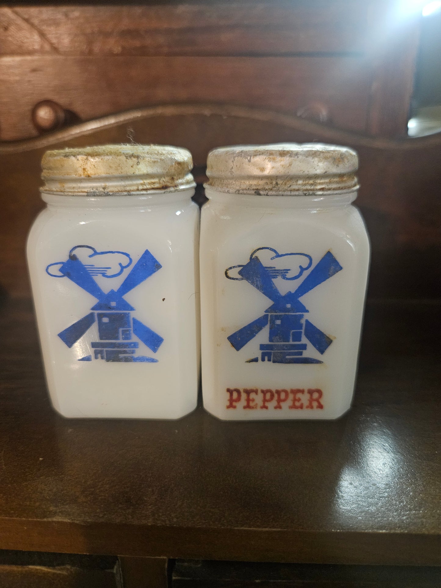 Hazel-Atlas Milk Glass Dutch Windmill Salt & Pepper Shakers — Square, Blue Decal, Mid-Century