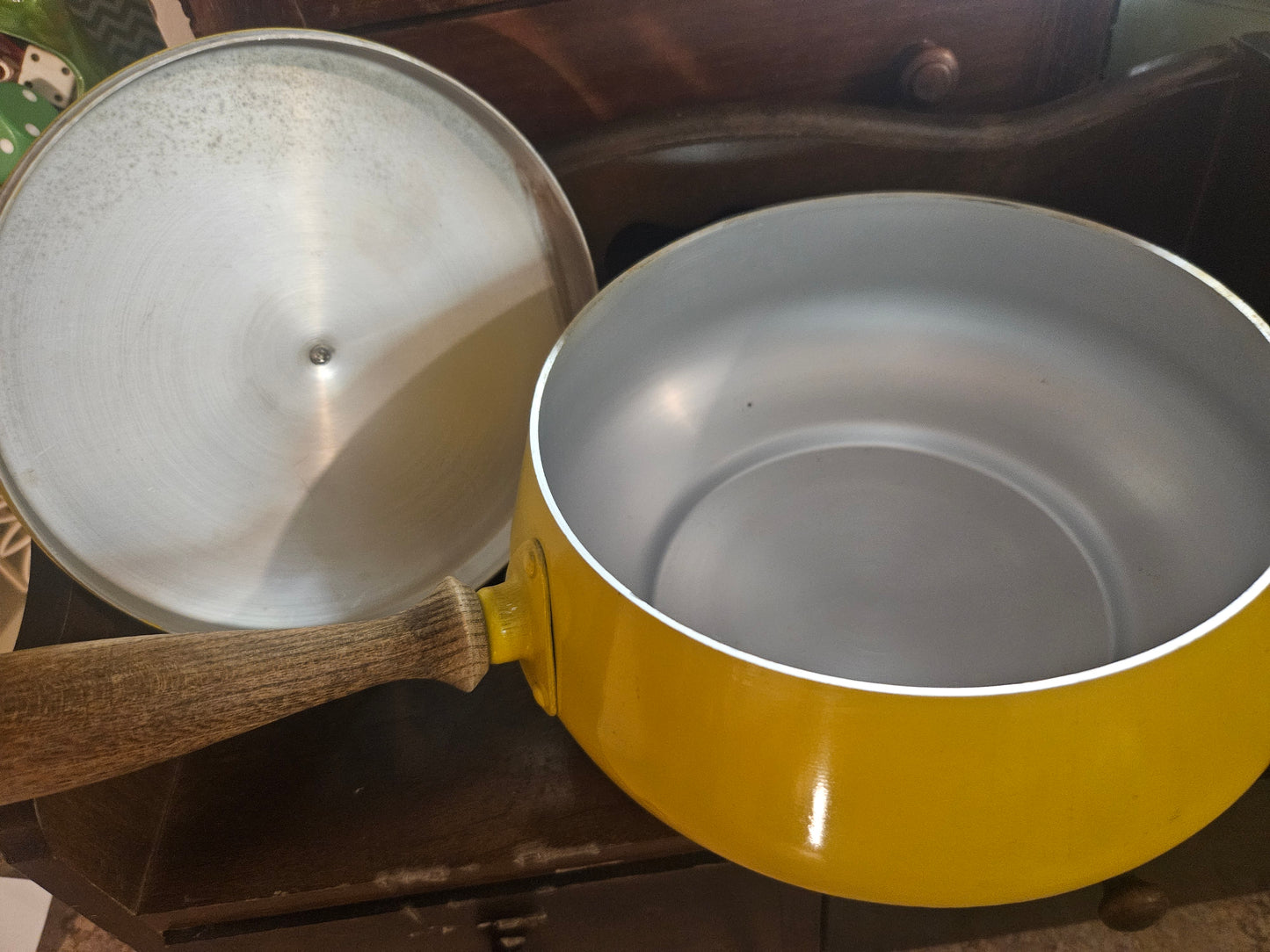 Vintage Yellow Enamel Saucepan with Lid — Wood Handle & Knob, 8", Mid-Century Kitchen