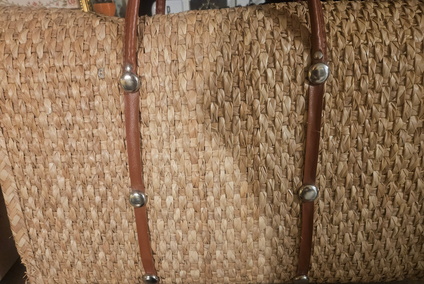 Vintage Mexican Woven Straw Weekender Bag with Folk Art Embellishments
