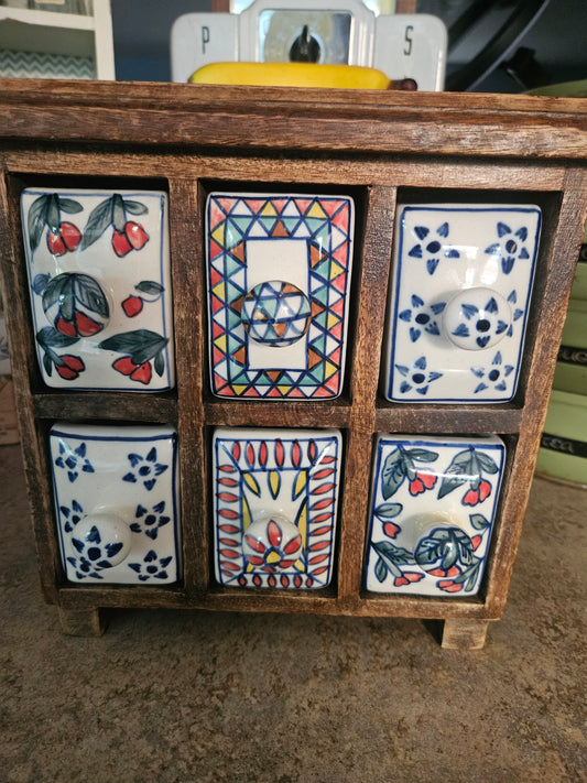 Vintage Indian Hand-Painted Ceramic & Wood Spice Cabinet – 6 Drawers