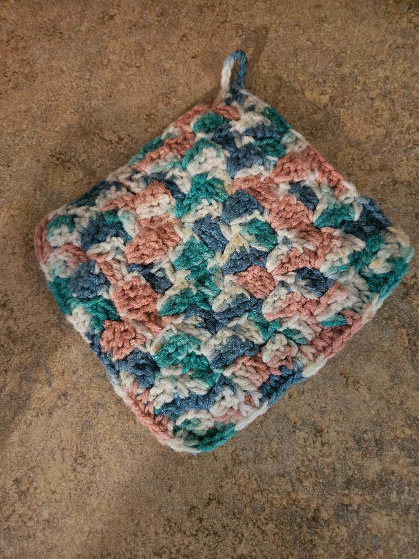 Vintage Handmade Crocheted Potholder – Pink, Teal & Blue Basket Weave