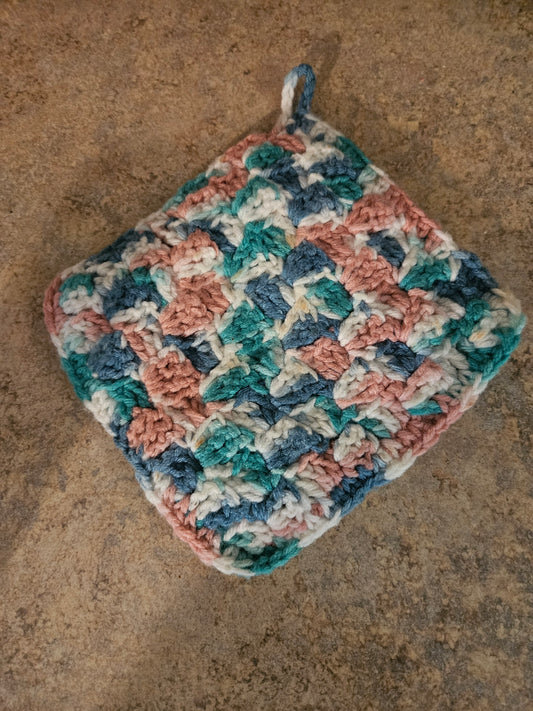 Vintage Handmade Crocheted Potholder – Pink, Teal & Blue Basket Weave