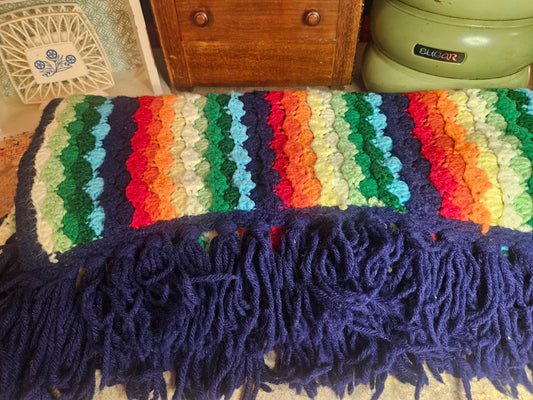 Vintage Handmade Rainbow Stripe Crochet Afghan with Navy Fringe – 46" x 49"