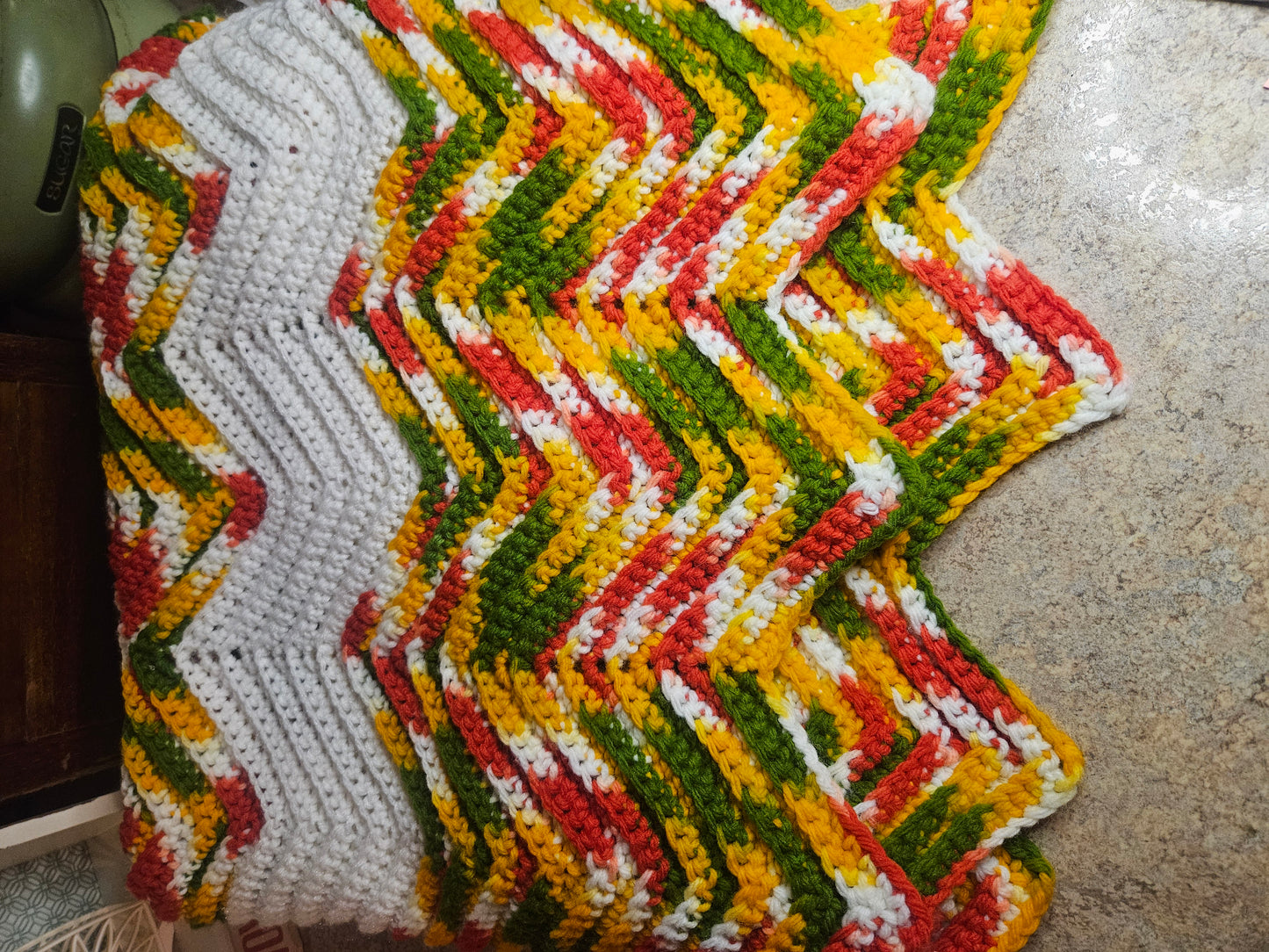Vintage Handmade Chevron Crochet Afghan – 103" x 39" – Red, Yellow, Green & White
