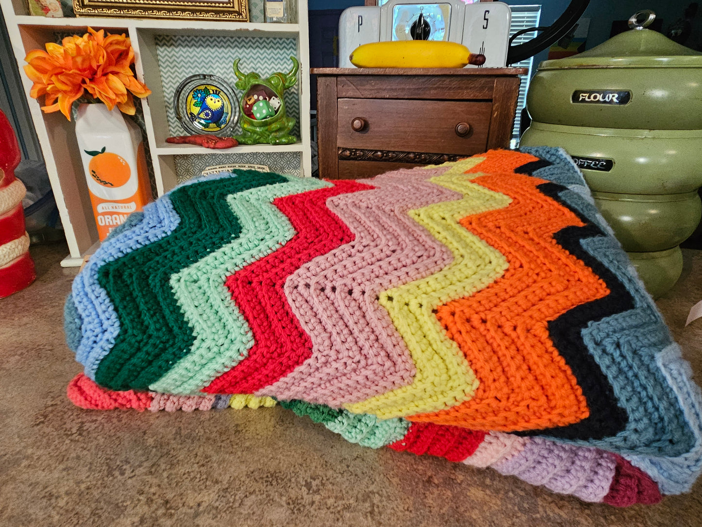 Handmade Chunky Rainbow Chevron Crochet Afghan – 78”x30”