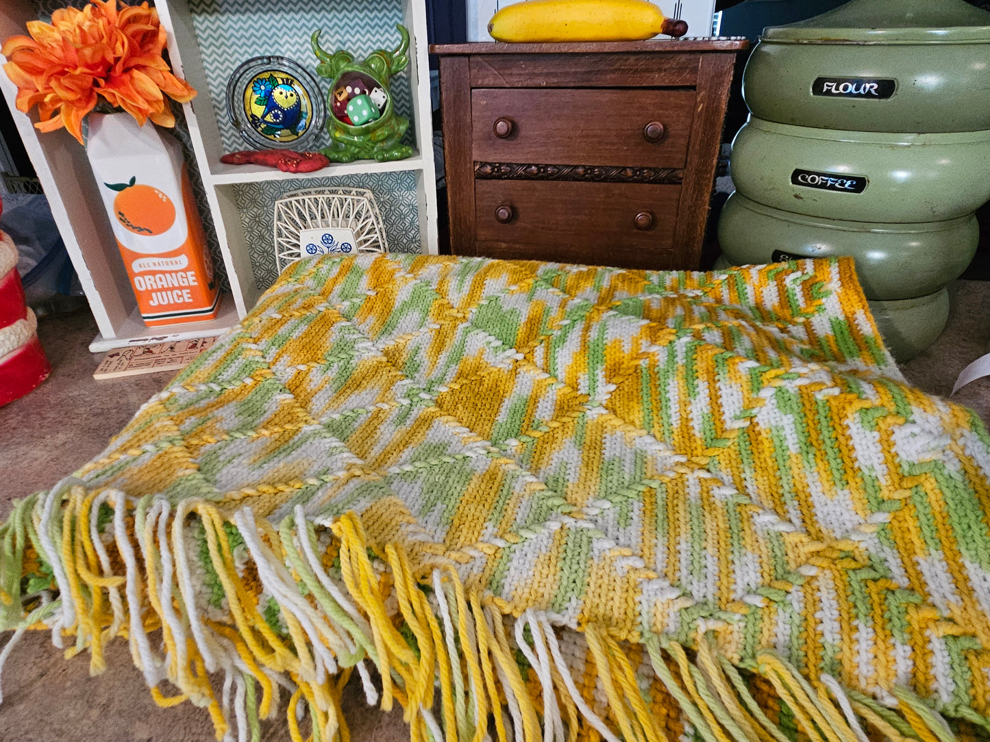 Handmade Crochet Afghan Throw – 1970s Citrus Colors – 60”x42” with Fringe