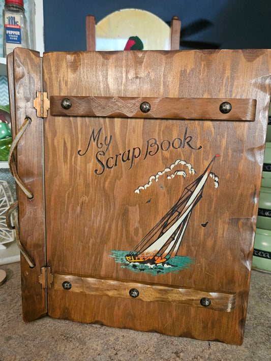 Vintage Wood Cover Scrapbook – “My Scrap Book” – Painted Sailboat Scene with Blank Pages