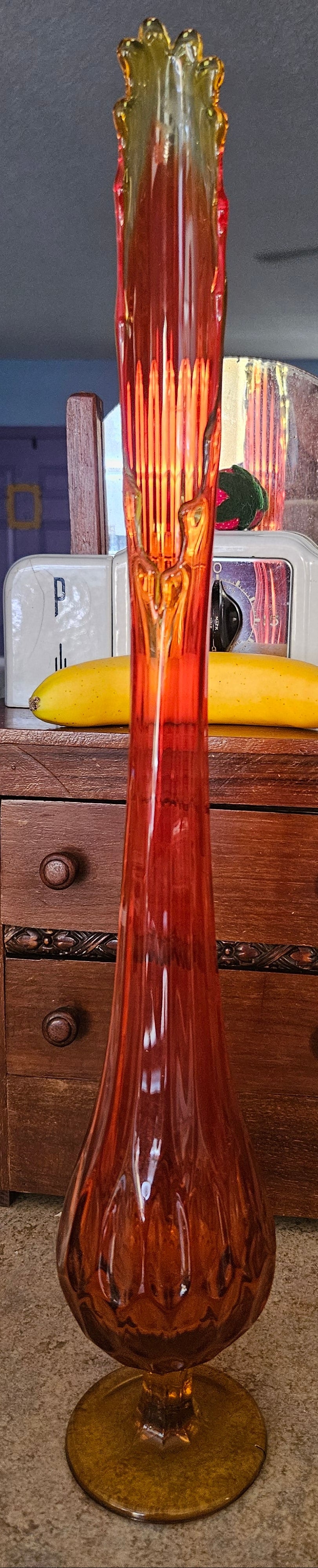 Vintage Amberina Swung Vase – 21" Tall Mid-Century Art Glass with Ruffled Flame Top