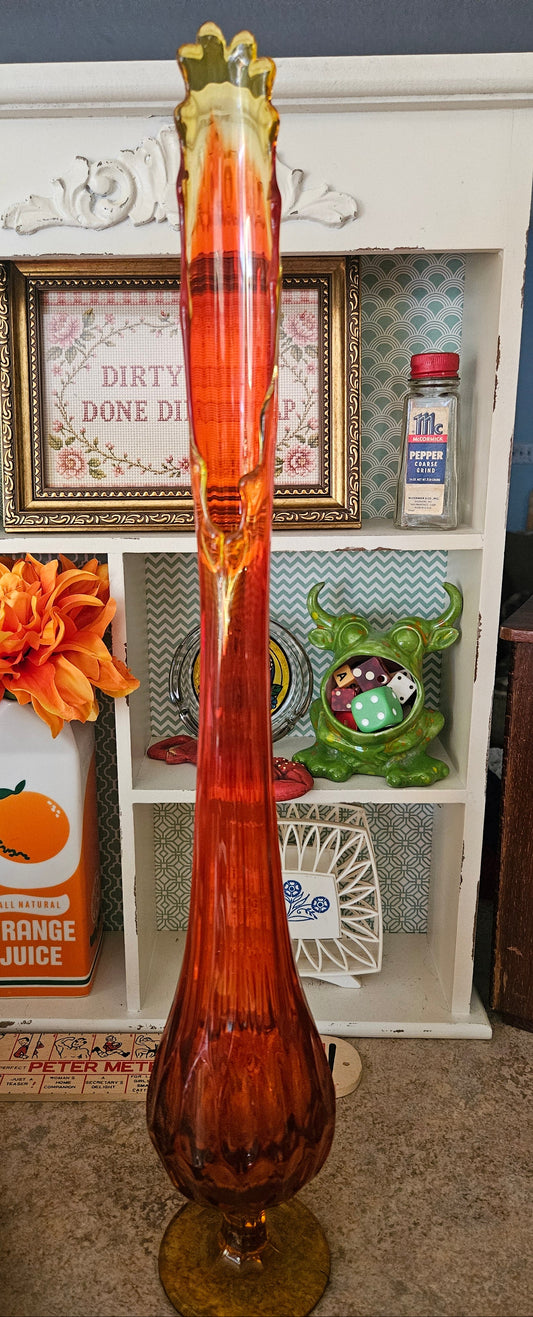Vintage Amberina Swung Vase – 21" Tall Mid-Century Art Glass with Ruffled Flame Top