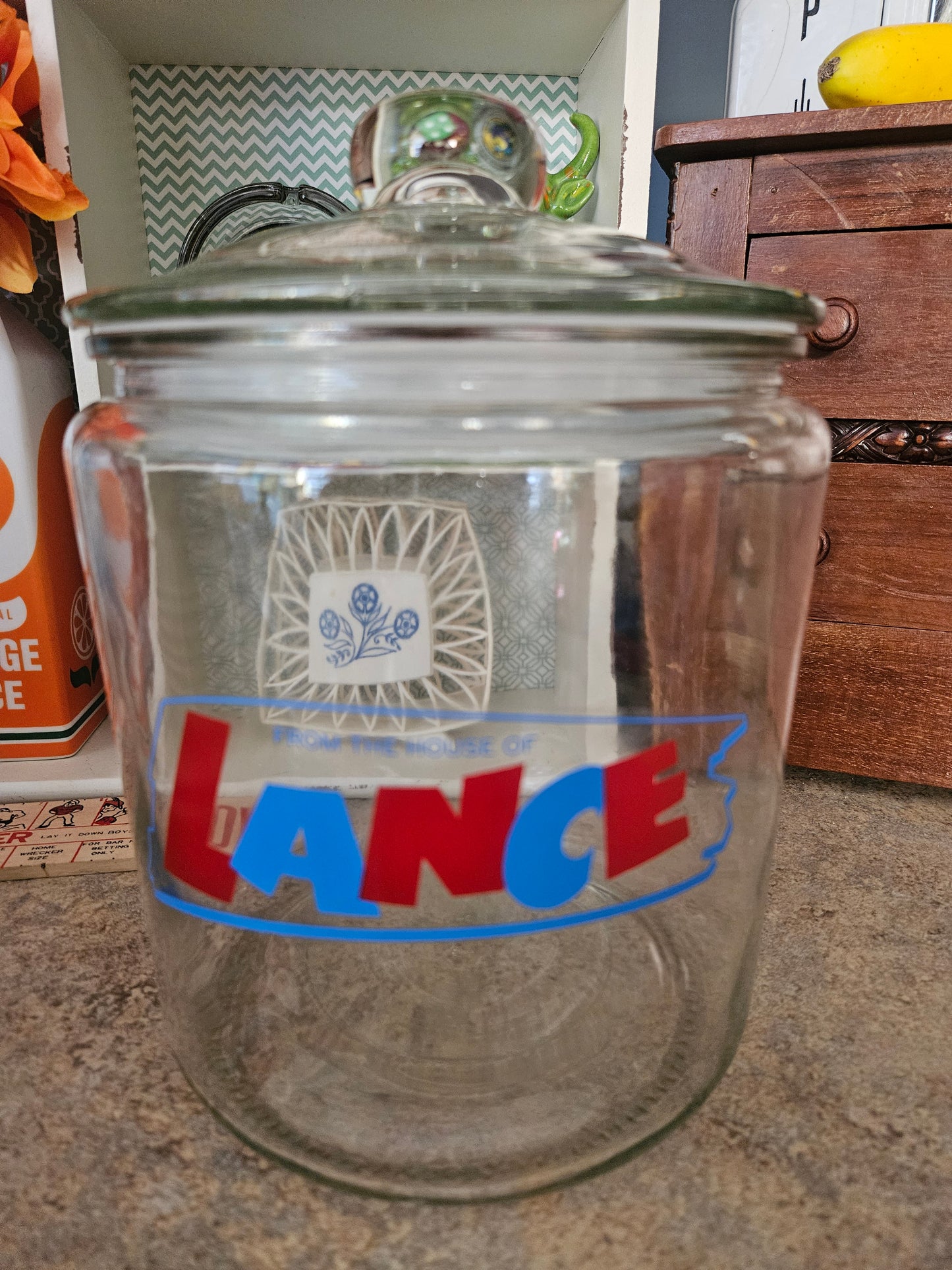 Vintage Lance Cracker Glass Counter Jar with Original Lid