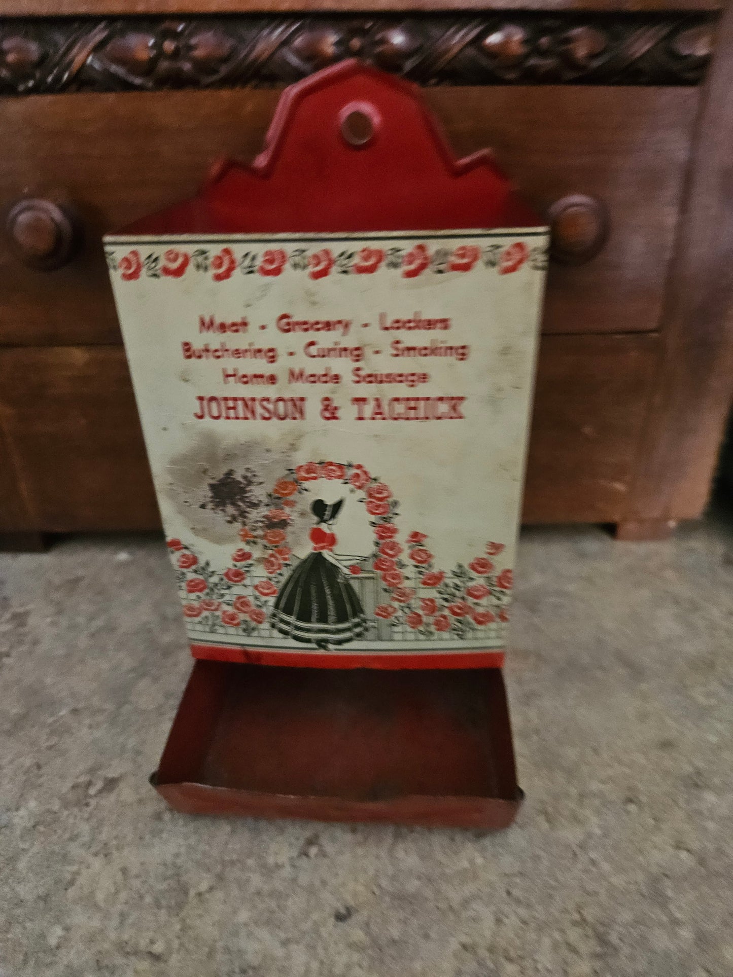 Antique Johnson & Tachick Advertising Tin Match Holder – Butcher Shop Wall Mount