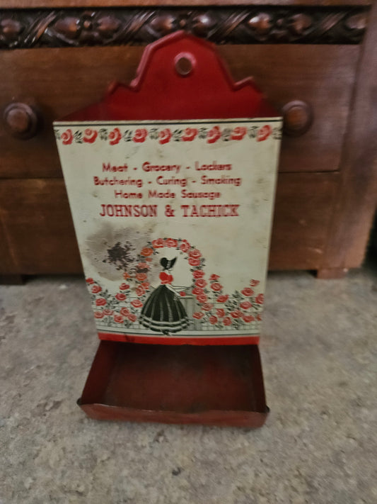 Antique Johnson & Tachick Advertising Tin Match Holder – Butcher Shop Wall Mount