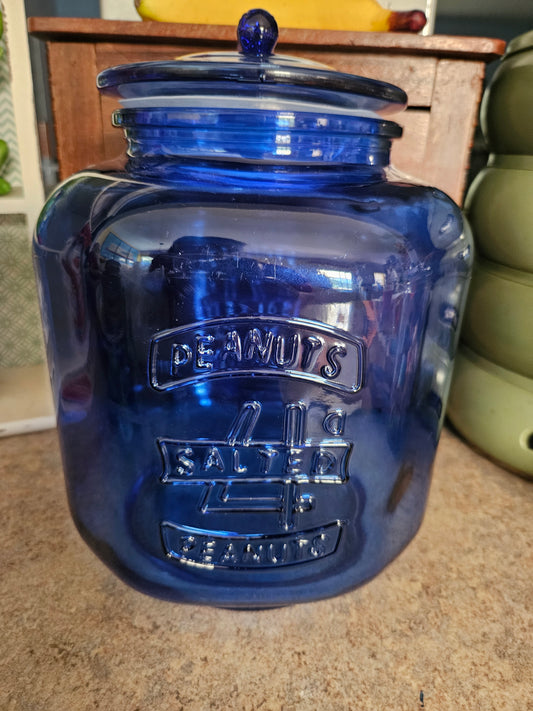Vintage Cobalt Blue Glass Peanuts Counter Jar – "5¢ Salted Peanuts" – with Original Lid