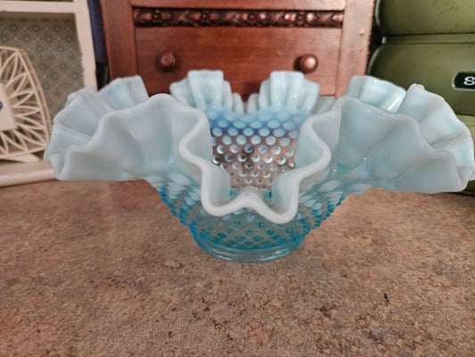 Fenton Blue Opalescent Hobnail Ruffled Bowl – Vintage Art Glass