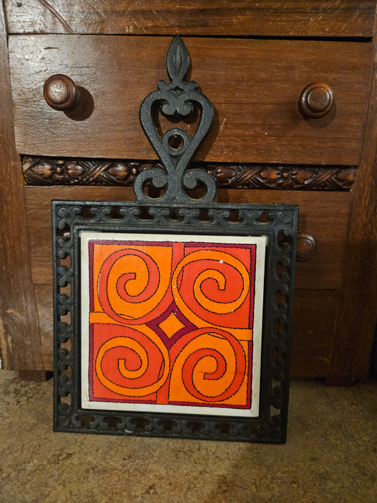 Vintage Cast Iron & Ceramic Tile Trivet — Orange Swirl Pattern — Made in Japan 1960s–70s