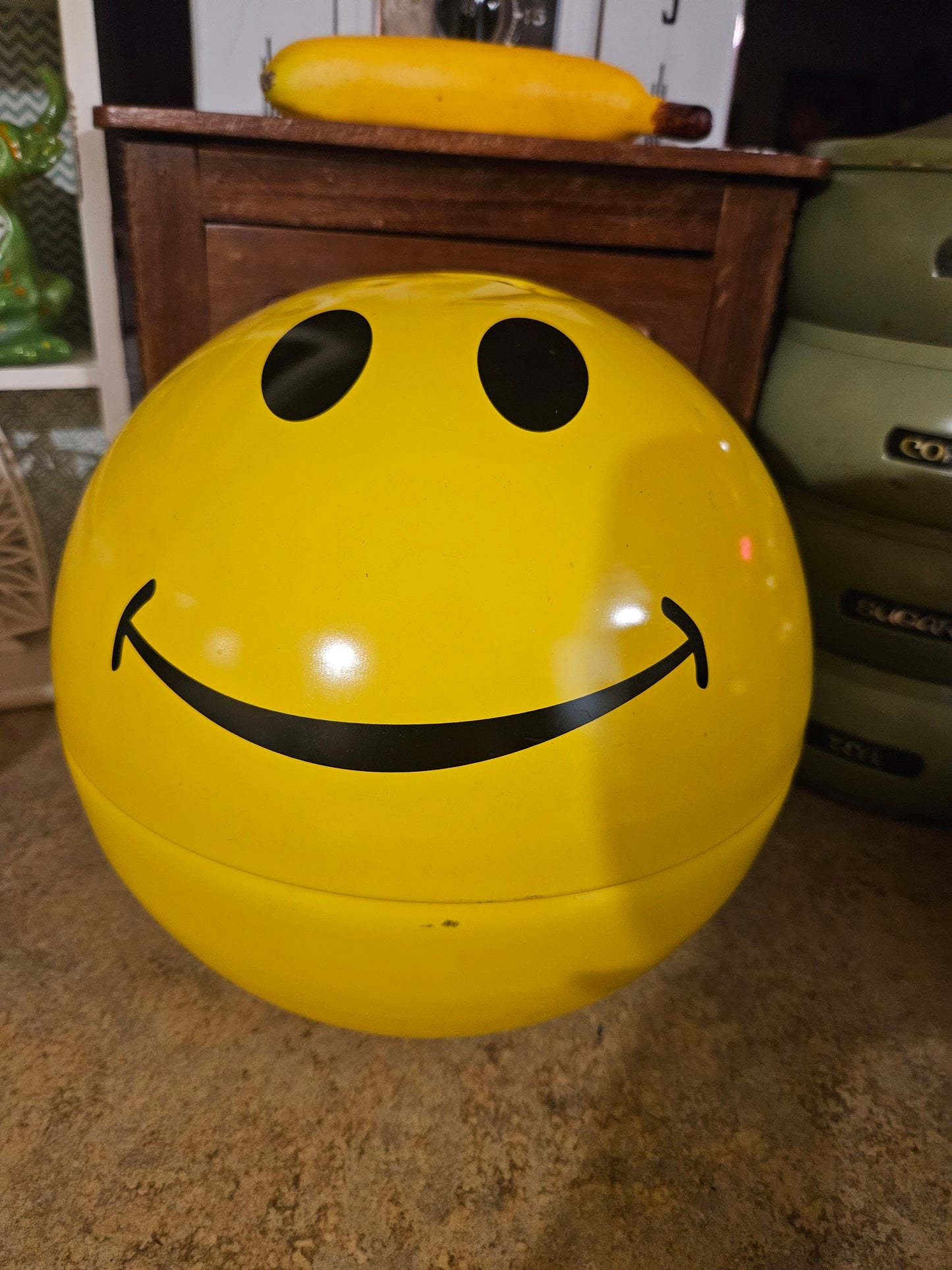 Vintage 1990s Smiley Face Coin Bank — Yellow Plastic Sphere with Novelty Interior