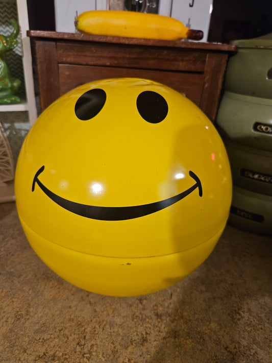 Vintage 1990s Smiley Face Coin Bank — Yellow Plastic Sphere with Novelty Interior