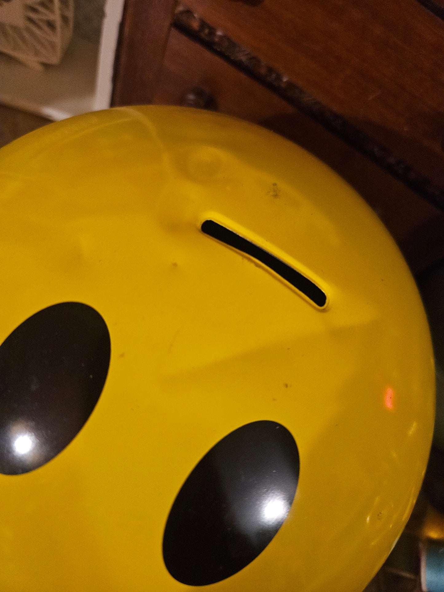 Vintage 1990s Smiley Face Coin Bank — Yellow Plastic Sphere with Novelty Interior