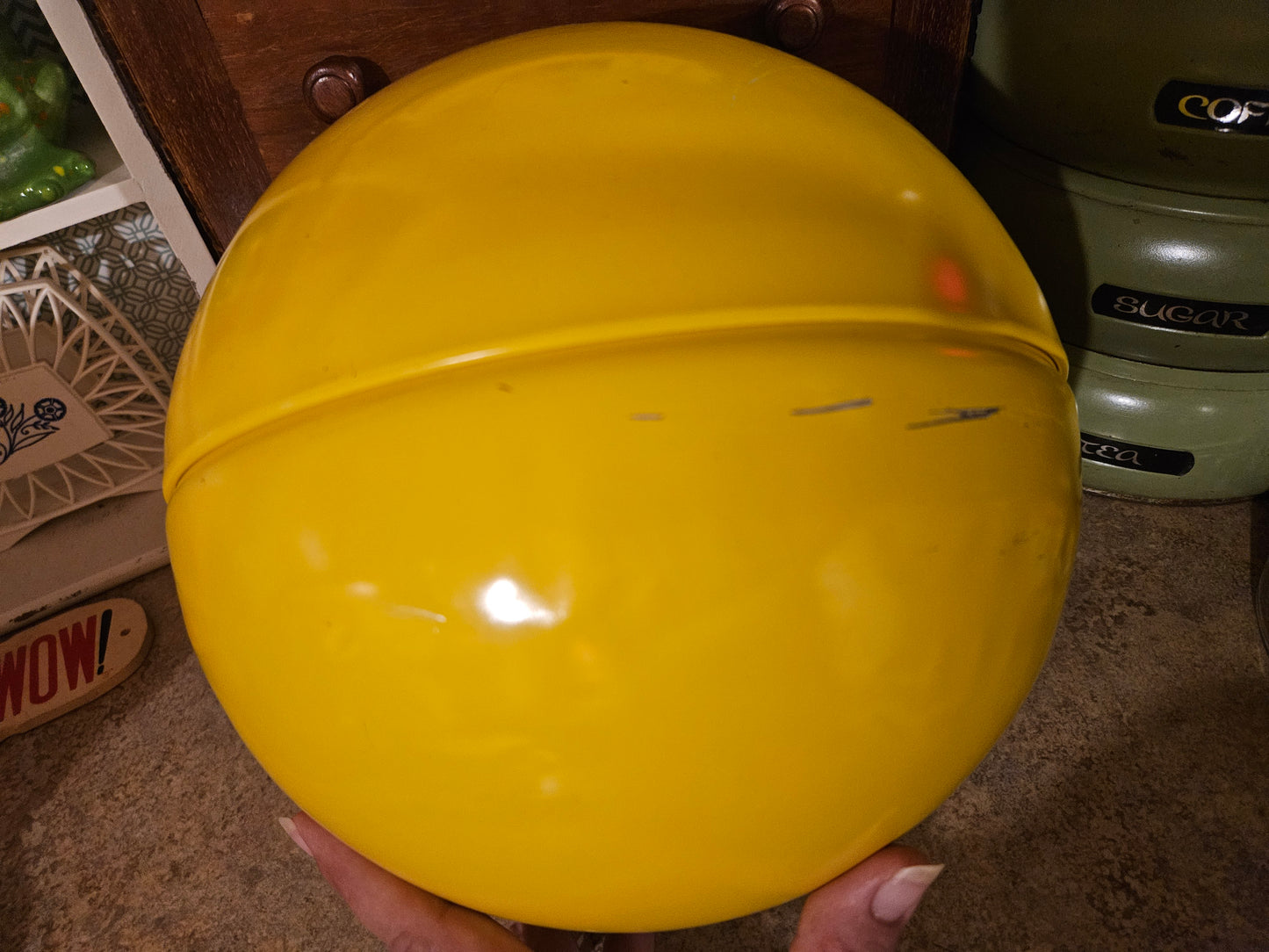 Vintage 1990s Smiley Face Coin Bank — Yellow Plastic Sphere with Novelty Interior