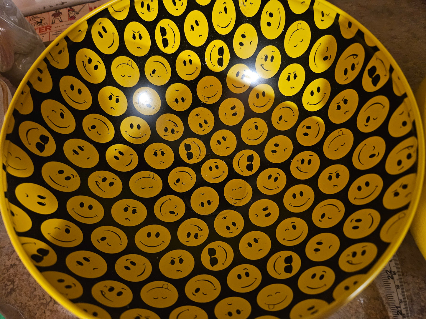 Vintage 1990s Smiley Face Coin Bank — Yellow Plastic Sphere with Novelty Interior