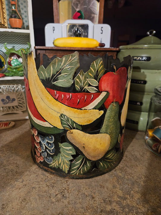 Vintage Tole-Painted Fruit Canister — Heavy Metal Folk Art Bin c. Mid-Century