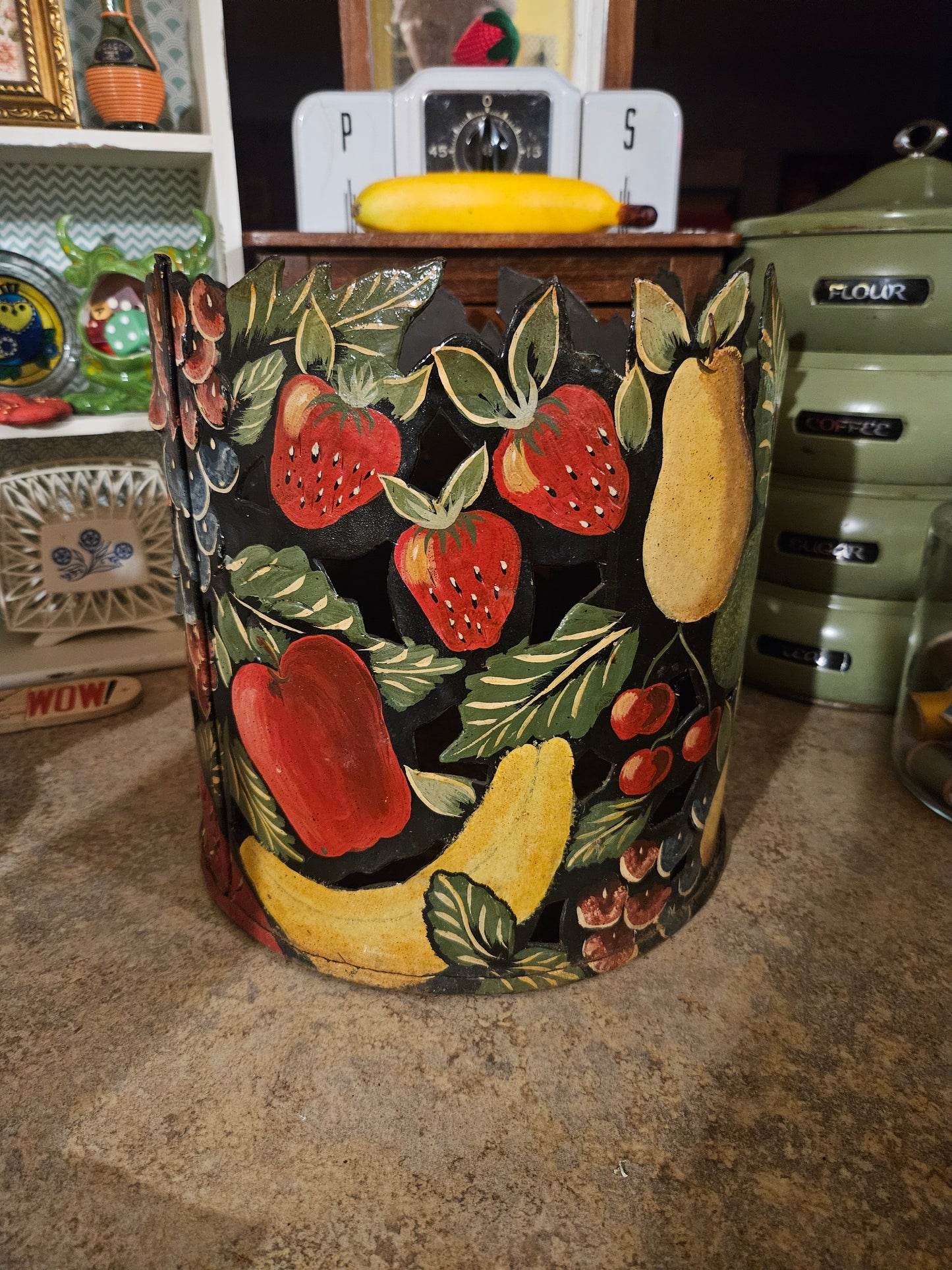 Vintage Tole-Painted Fruit Canister — Heavy Metal Folk Art Bin c. Mid-Century