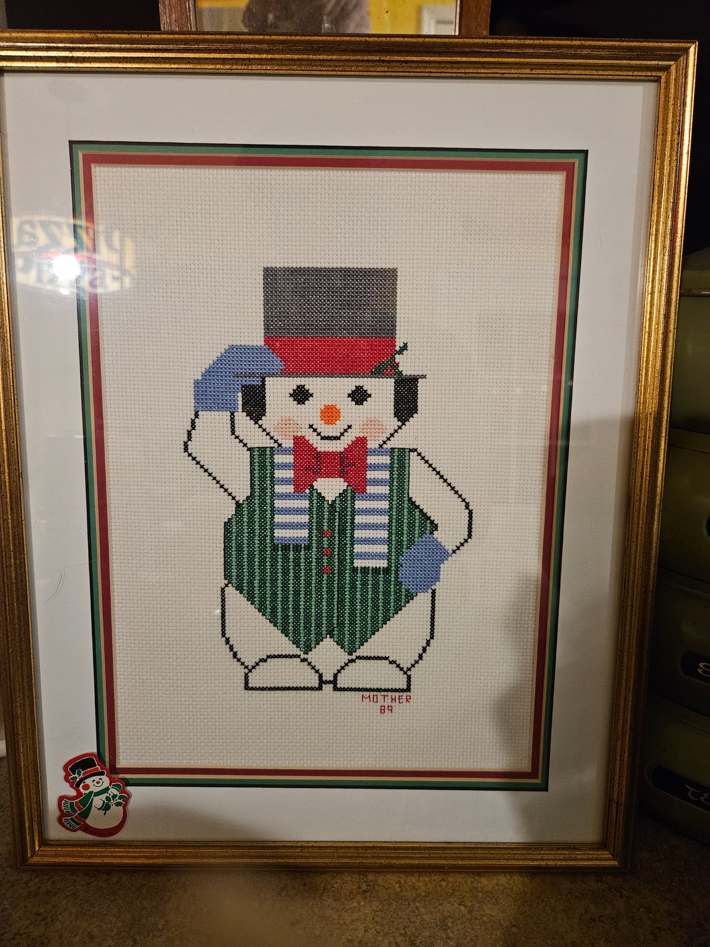 Vintage Hand-Stitched Snowman Cross-Stitch — Framed Folk Art 1989