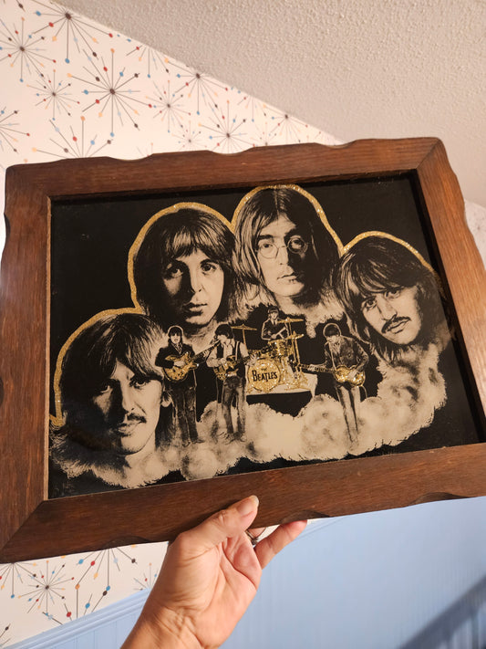 Vintage Beatles Framed Portrait — Licensed Black Velvet-Style Wall Art c. 1960s–70s