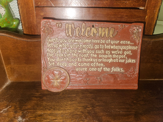 Vintage "Welcome" Poem Wall Plaque — Chalkware Folk Art