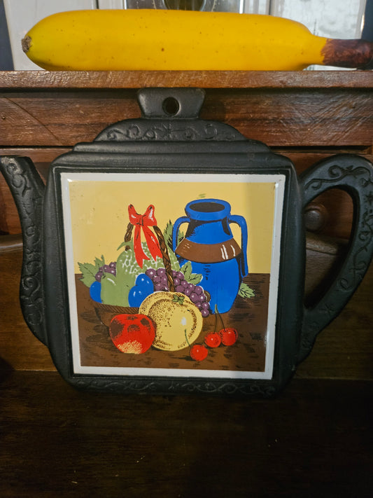 Vintage Cast Iron Teapot Trivet — Fruit Still Life Ceramic Tile Insert